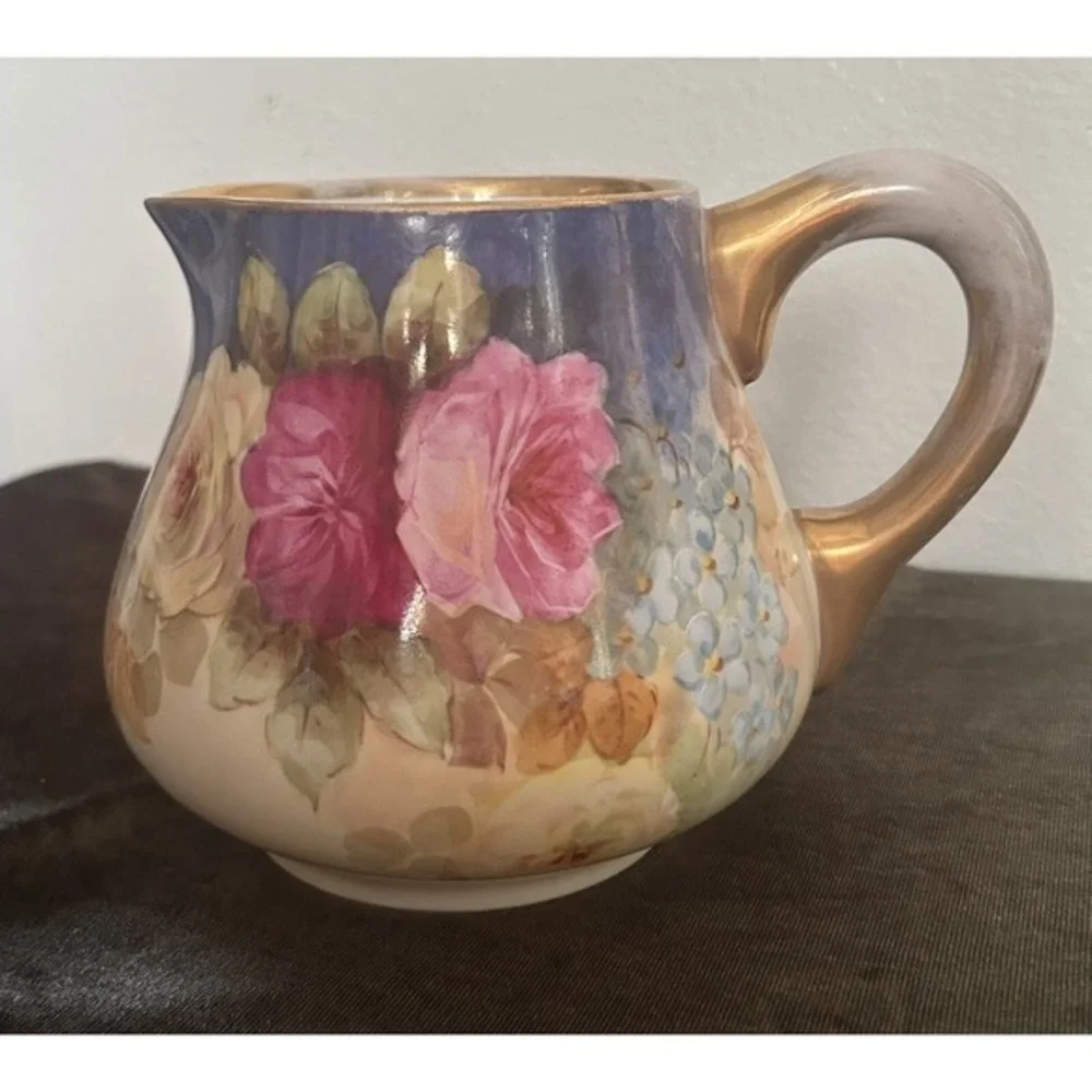 Antique B & M Limoges France Hand Painted Rose Drink Pitcher Gold Handle Collect